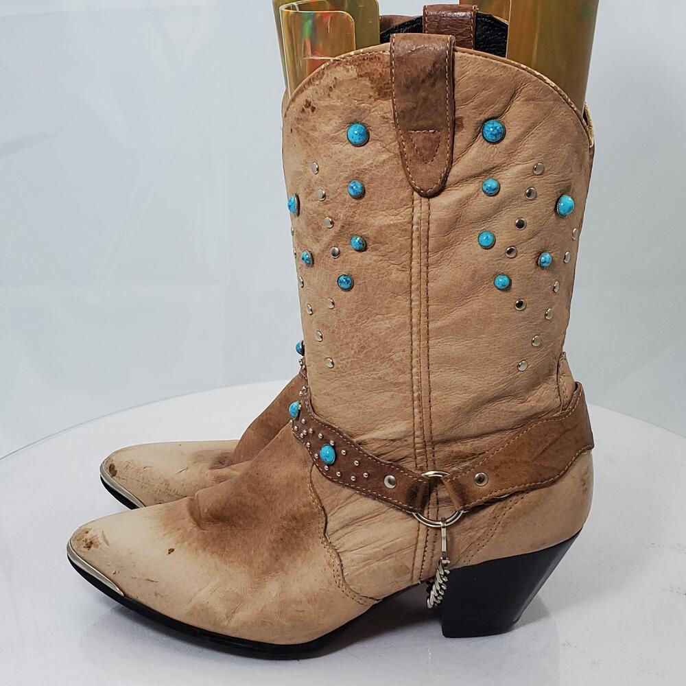 Dingo Western Harness Boots Women 8.5 Beige Leather Studded Turquoise Stones